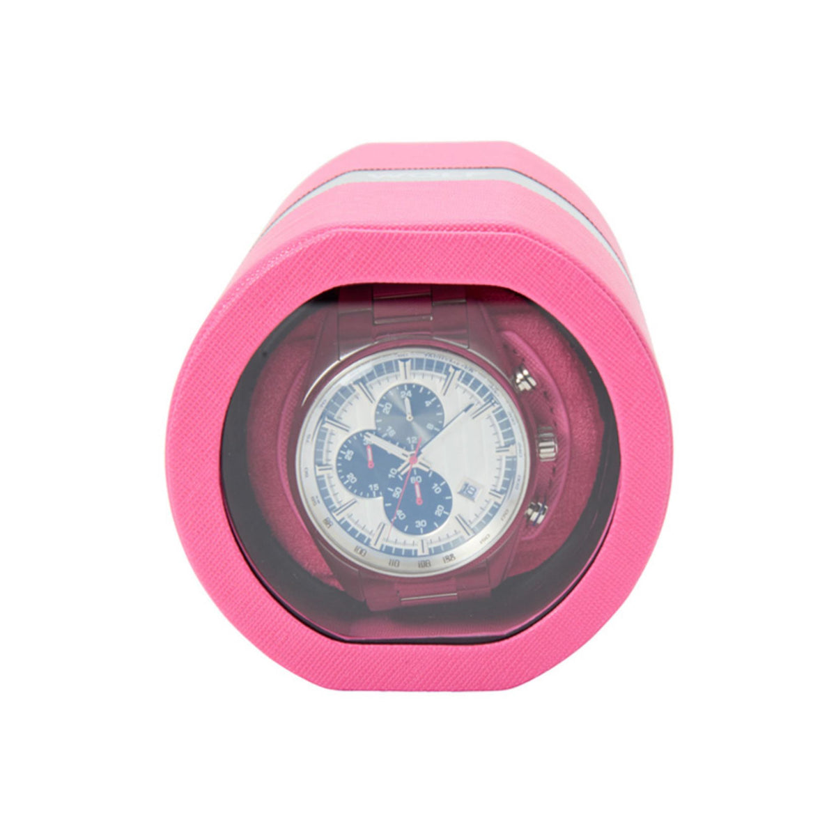 Pink travel watch winder with front circular window, showing a blue-faced wristwatch.