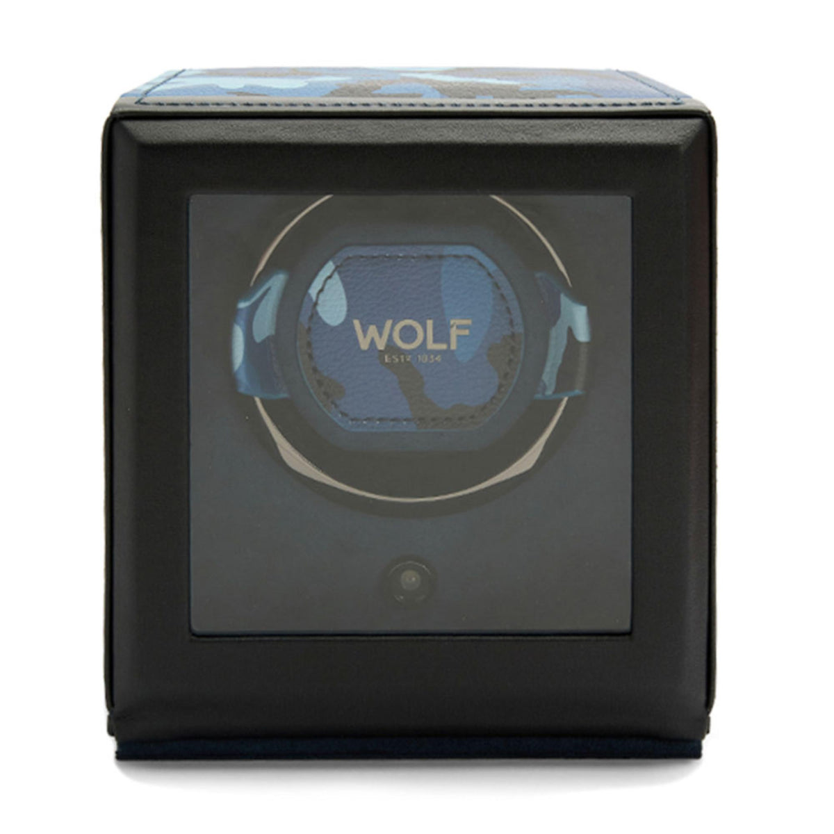 Black watch winder cube with clear window and WOLF logo, no side camo visible