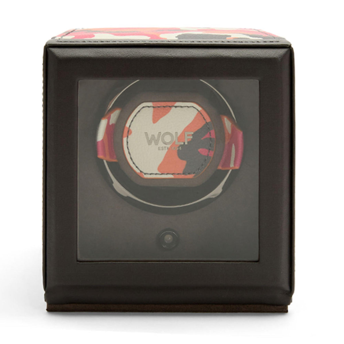 Single watch winder cube with camouflage top and front WOLF emblem under clear cover