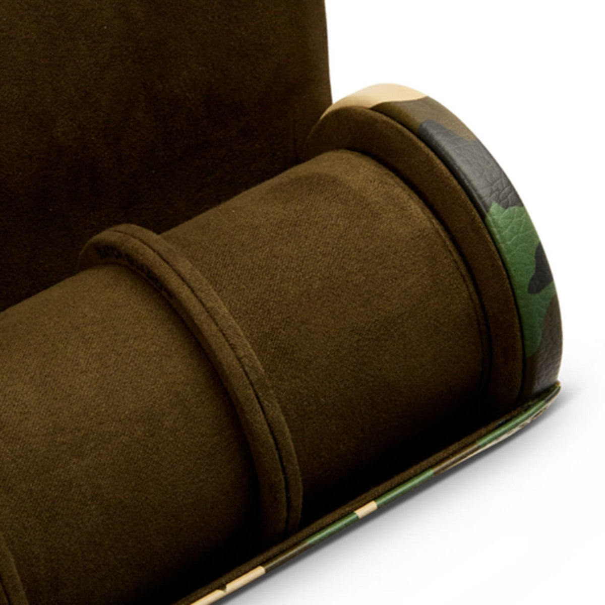 Brown suede watch compartment close-up inside camouflage watch roll