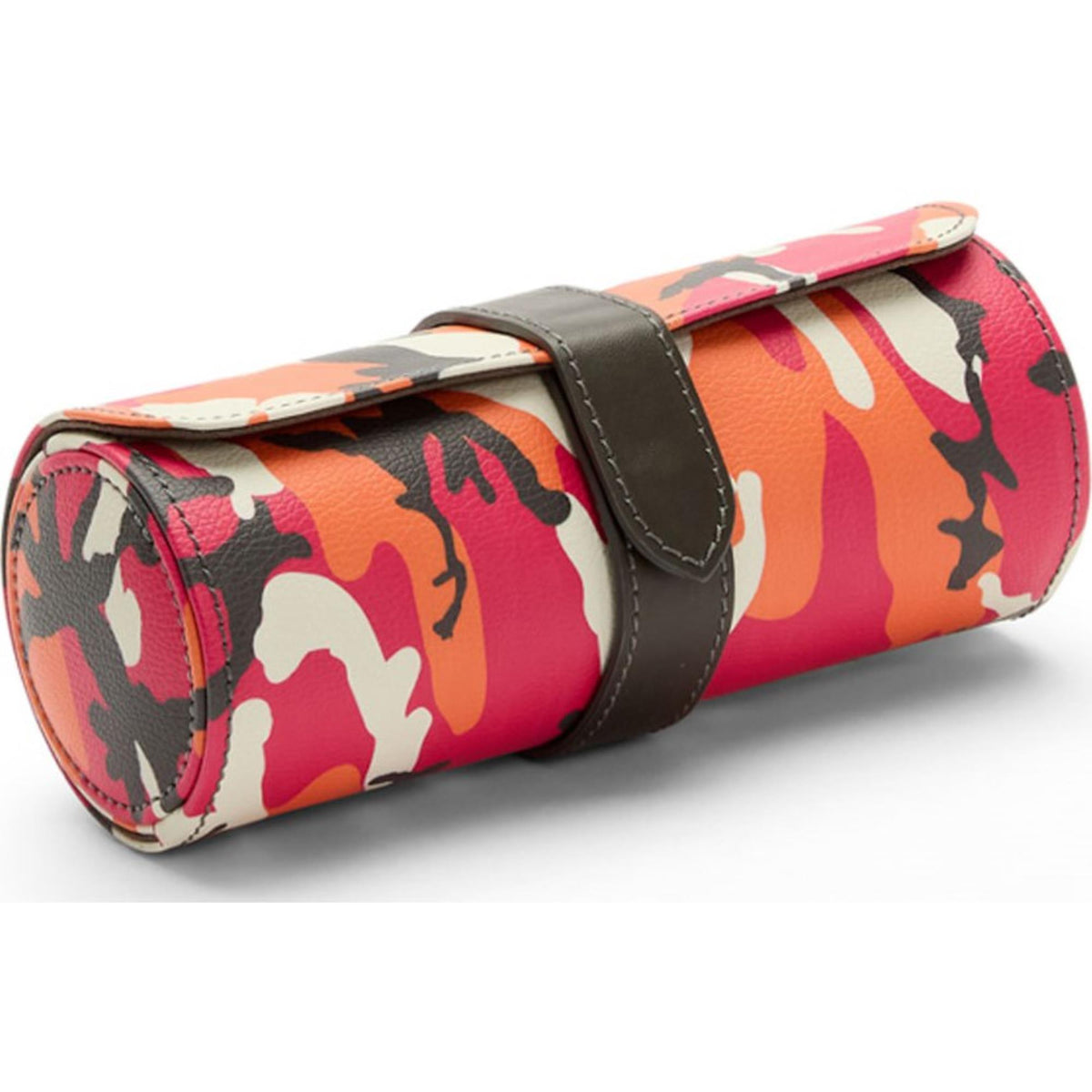 Triple watch roll in red and orange camo print with dark leather-style strap