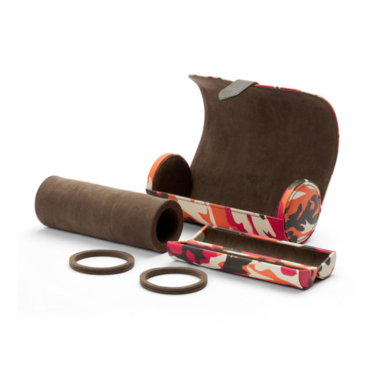 Opened triple watch roll with brown watch cushions, elastic bands, and camo base