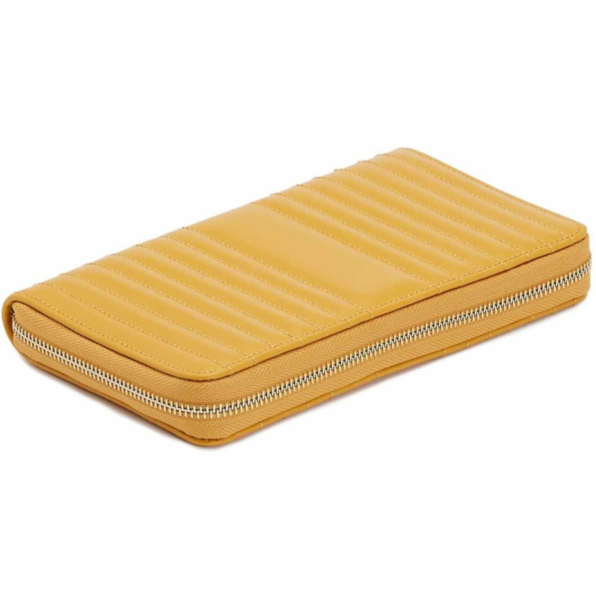 Mustard yellow quilted jewelry portfolio with zip-around closure and gold-tone zipper