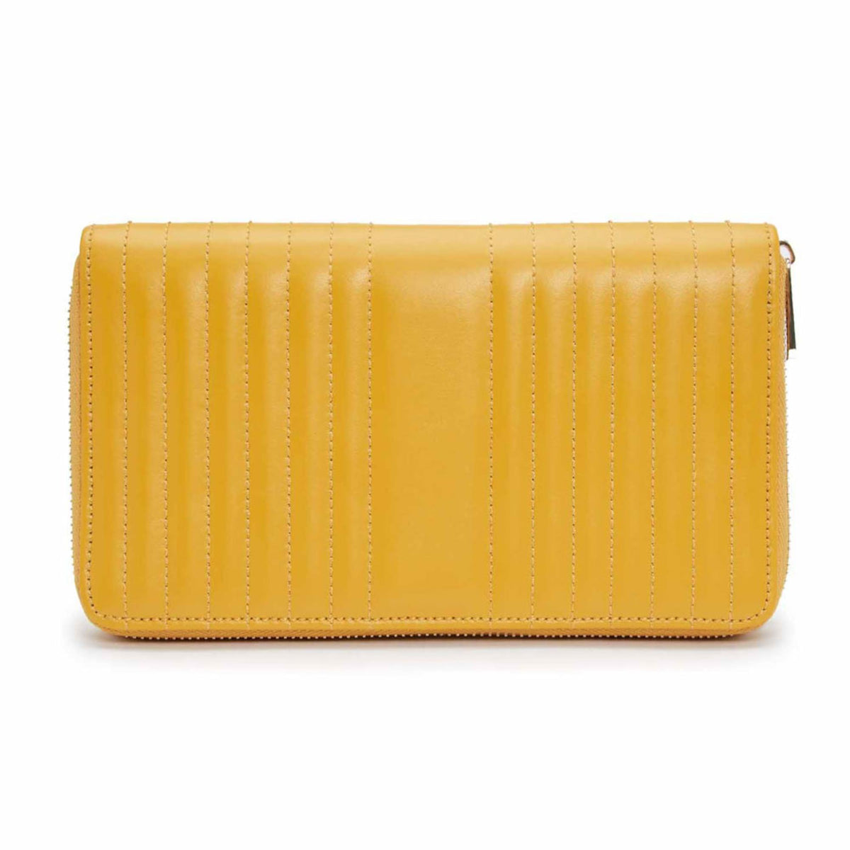 Mustard yellow quilted jewelry case with top zip closure and vertical striped panel design