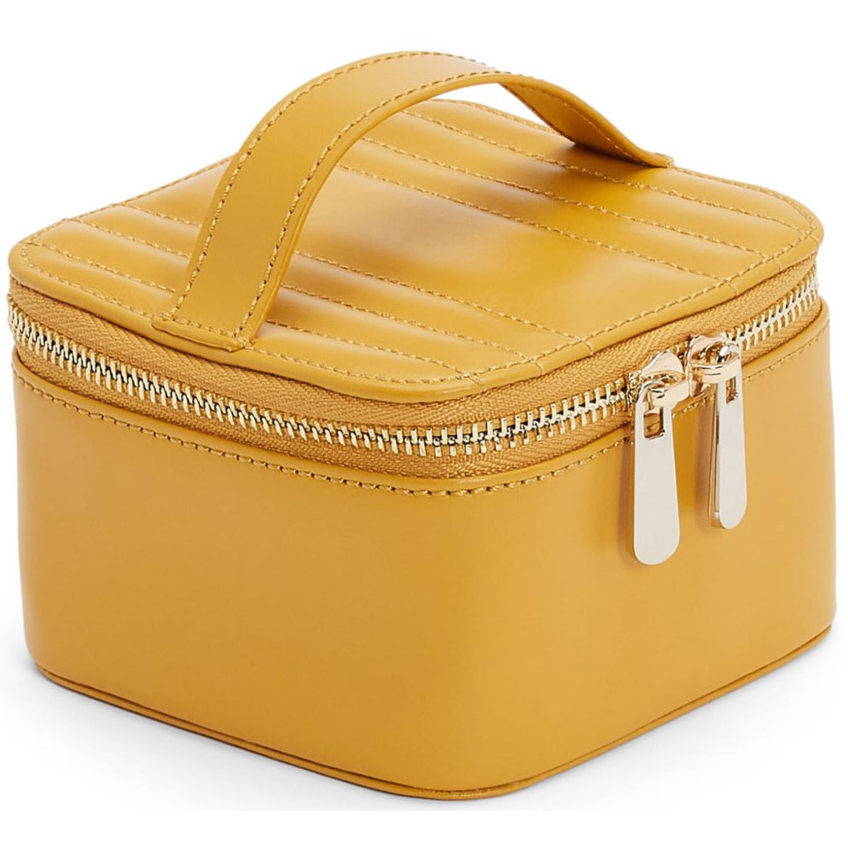 Mustard yellow faux leather jewelry cube with quilted top handle and double zipper closure