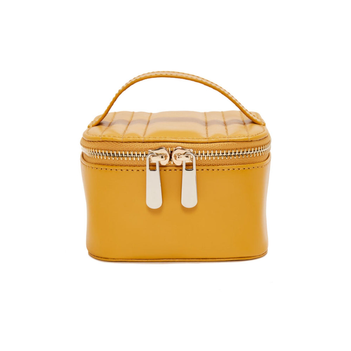 Mustard yellow small jewelry cube with arched handle and front double zipper closure