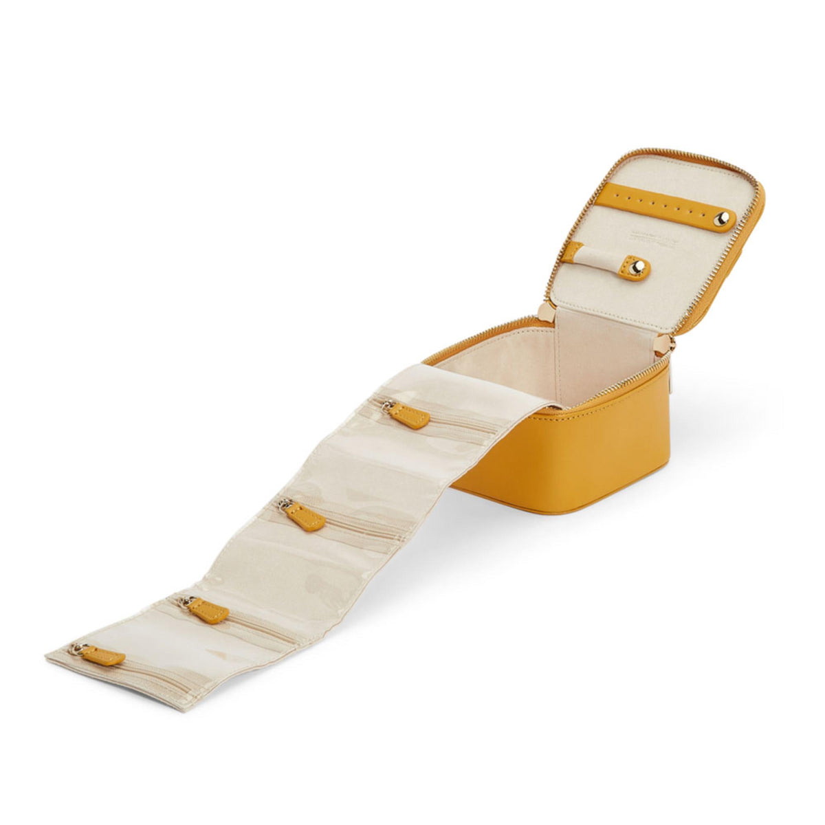 Mustard yellow jewelry cube with extended pouch-style inside compartments and snap closure