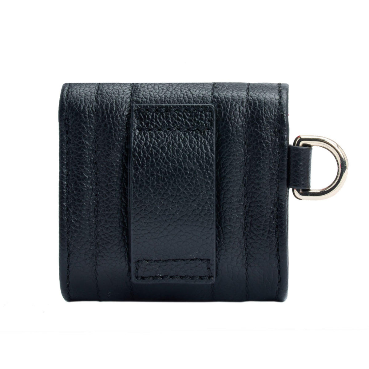 Black earbud case with front flap and centered patch panel, metal keyring attachment