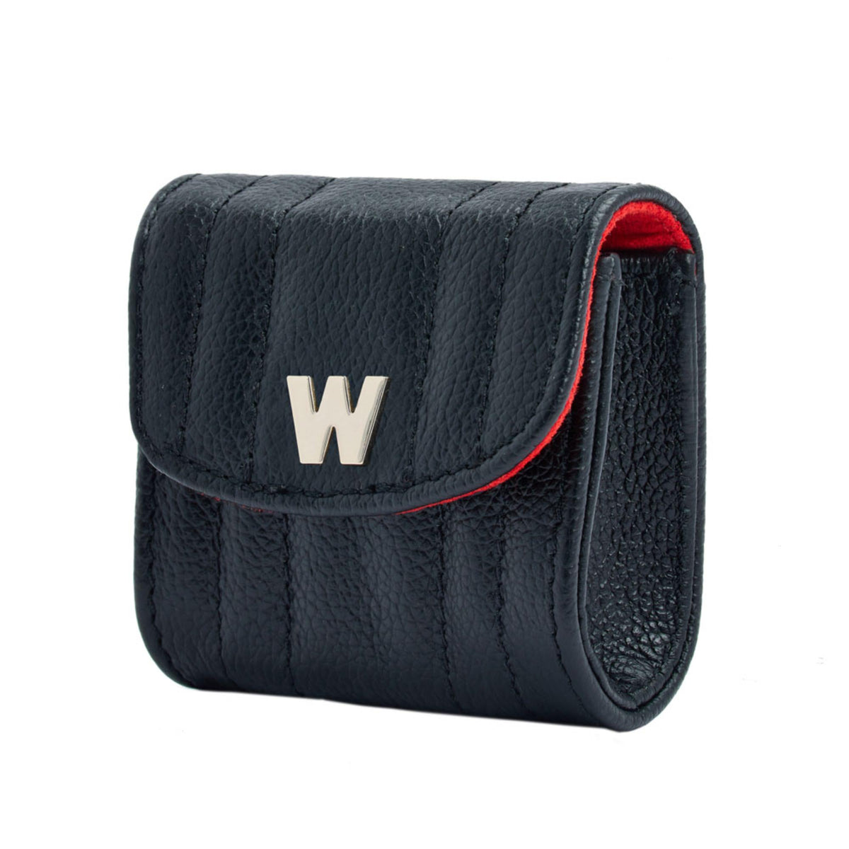 Black earbud case with gold W logo and red interior lining, curved flip-top opening