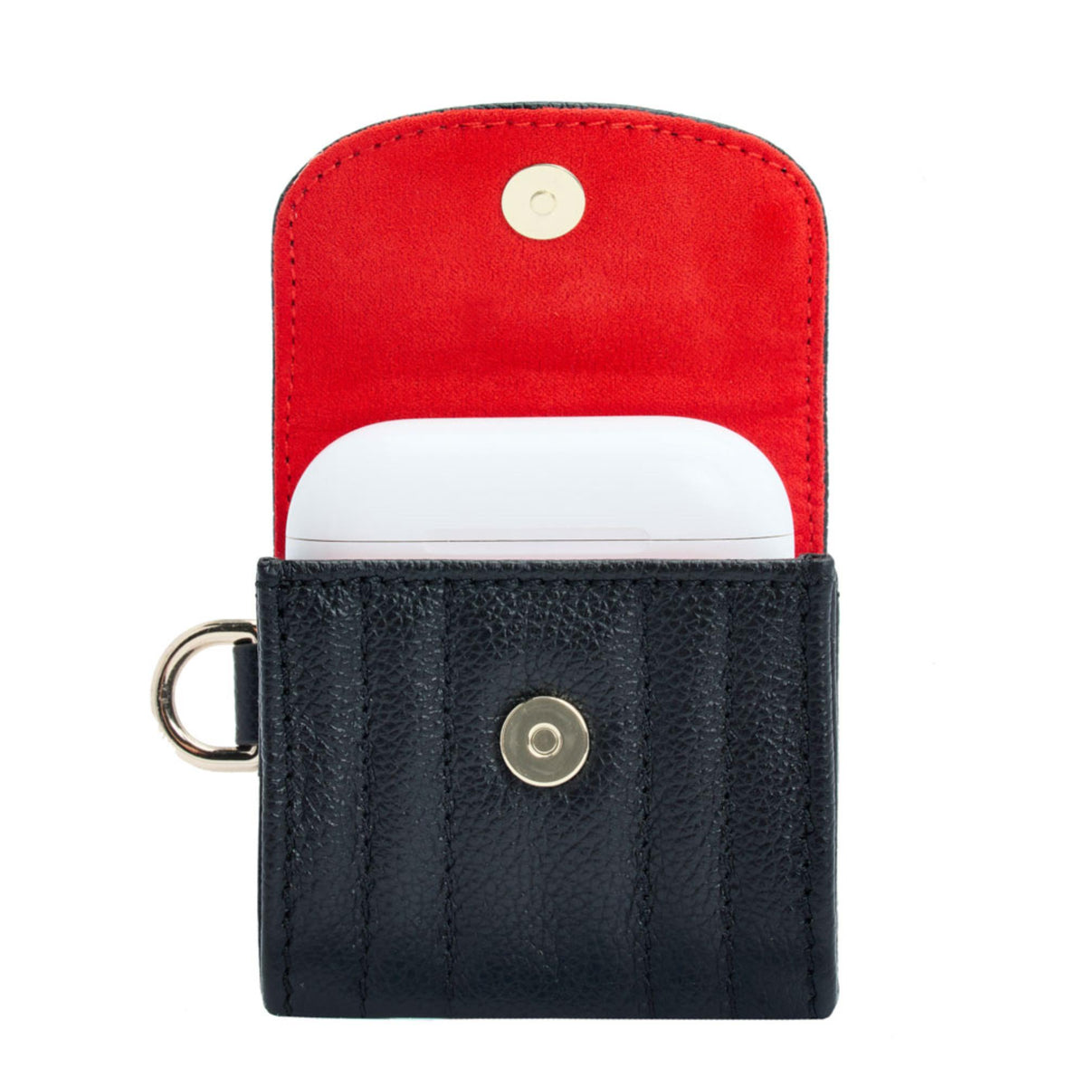Black earbud case with red lining and top strap, metal keyring and button closure