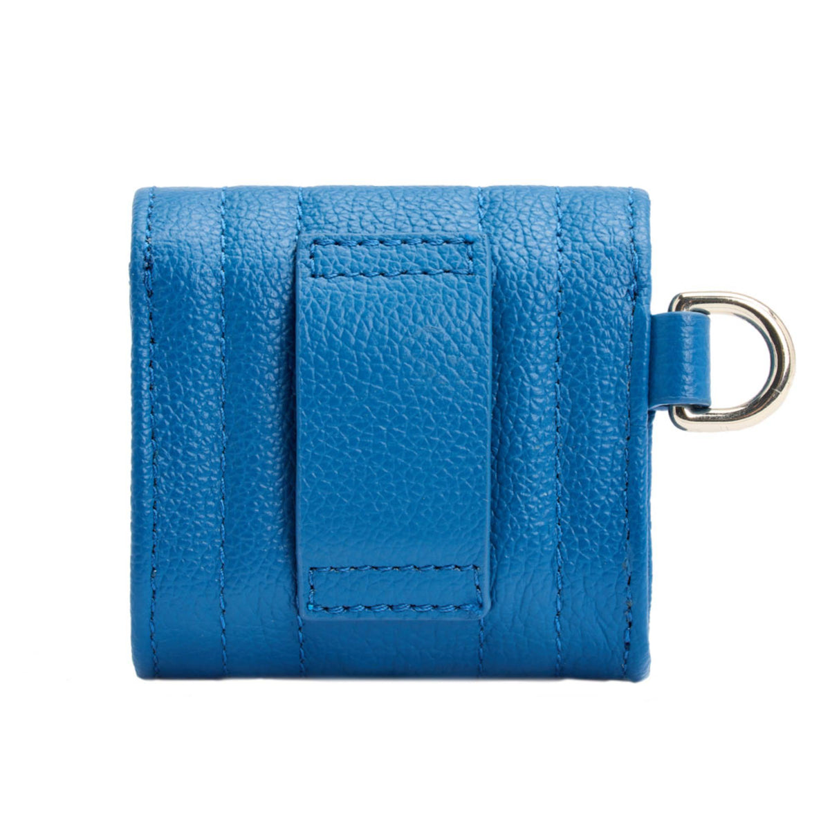 Blue Mimi earbud case back view with stitched flap panel and metal key ring