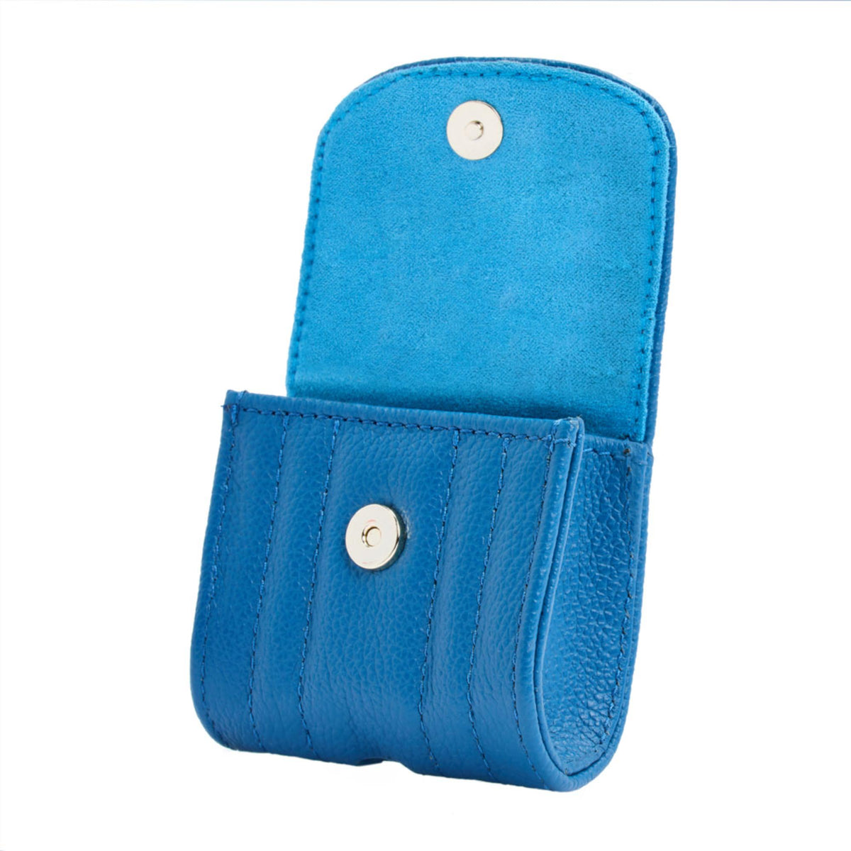 Blue leather-look earbud case open top with snap stud and button closure