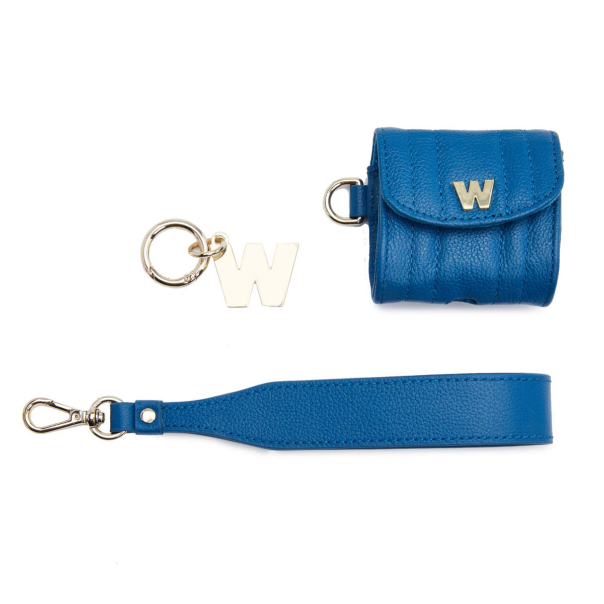 Blue Mimi earbud case with wristlet strap and gold W charm