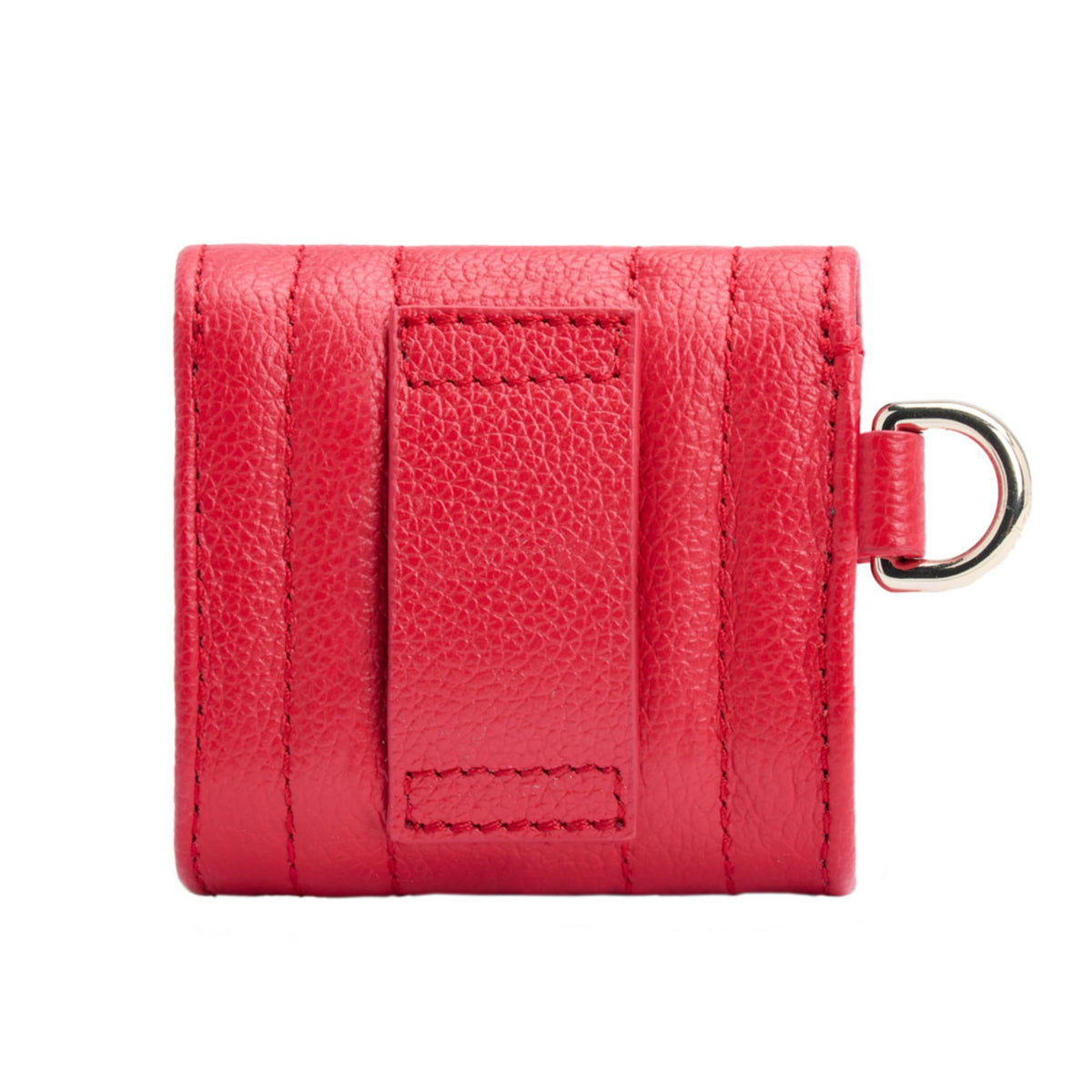 Red leather-look EarPods case back with stitched panel and metal key ring