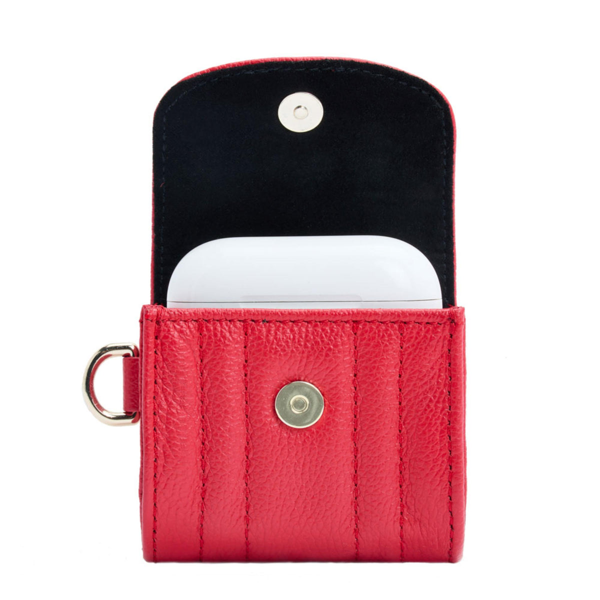 Red EarPods case with black interior lining, snap closure, and metal ring