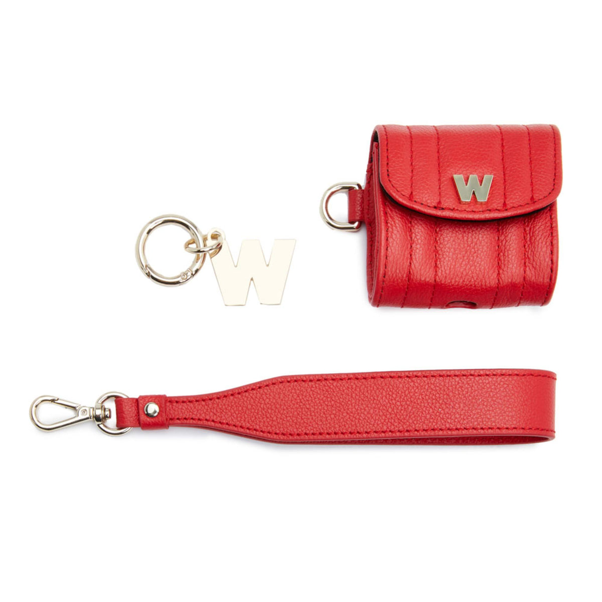 Red EarPods case with wrist strap, metal ring key charm, and gold W emblem