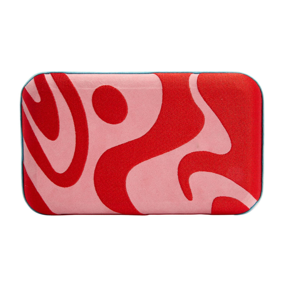 Medium jewelry box closed; rectangular red-and-pink abstract pattern with rounded corners