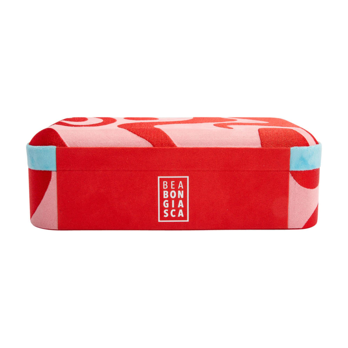 Medium jewelry box closed; red abstract print with light blue trim and BEA BON GIA SCA badge