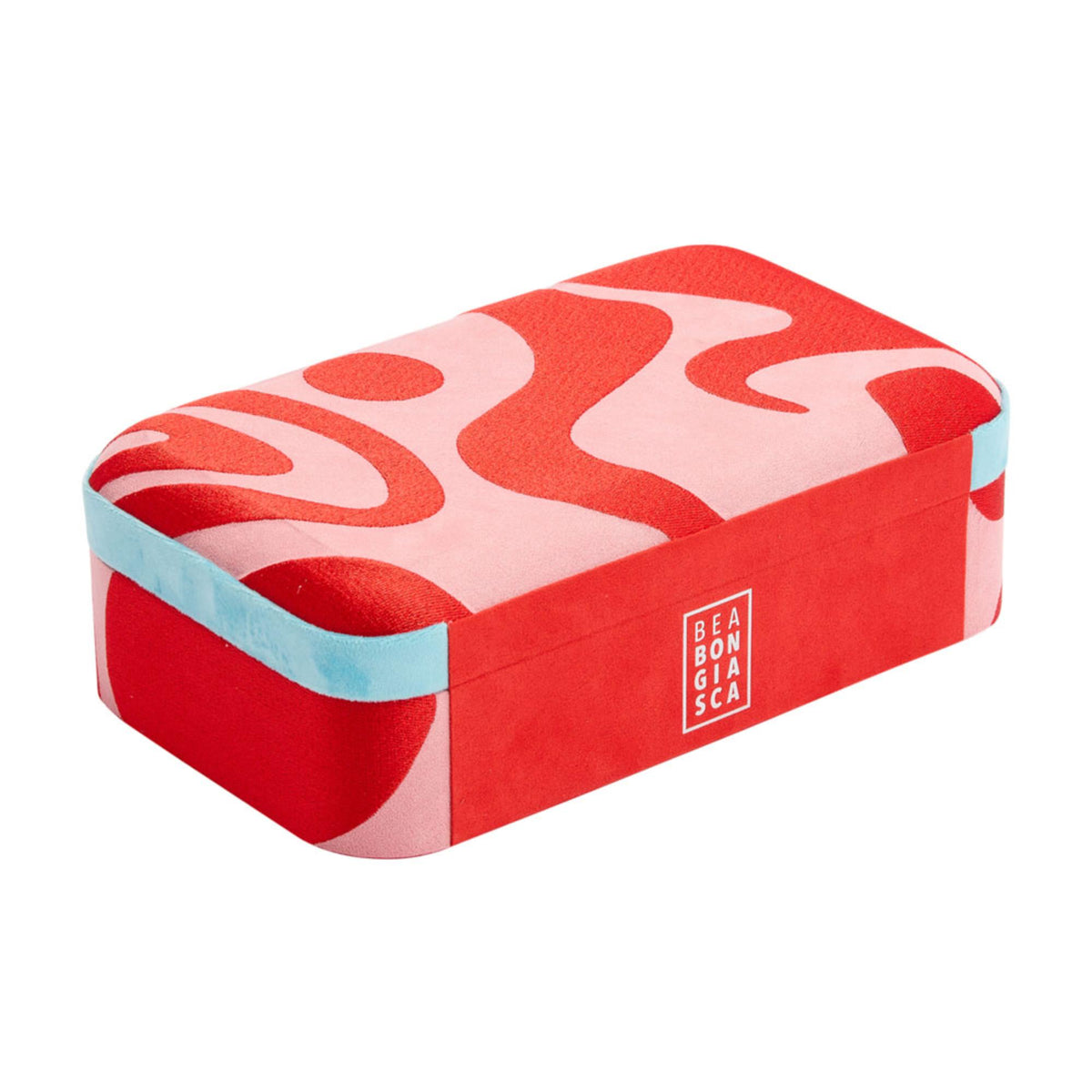 Medium jewelry box closed; red abstract pattern with light blue corner trim