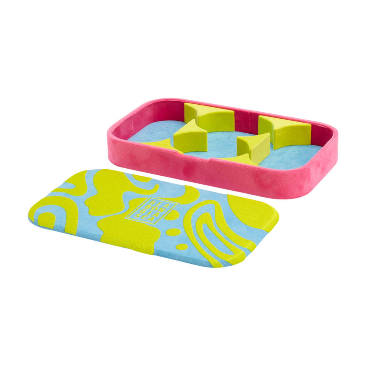 Medium tray with pink rim and blue interior, filled with yellow and blue foam star pieces