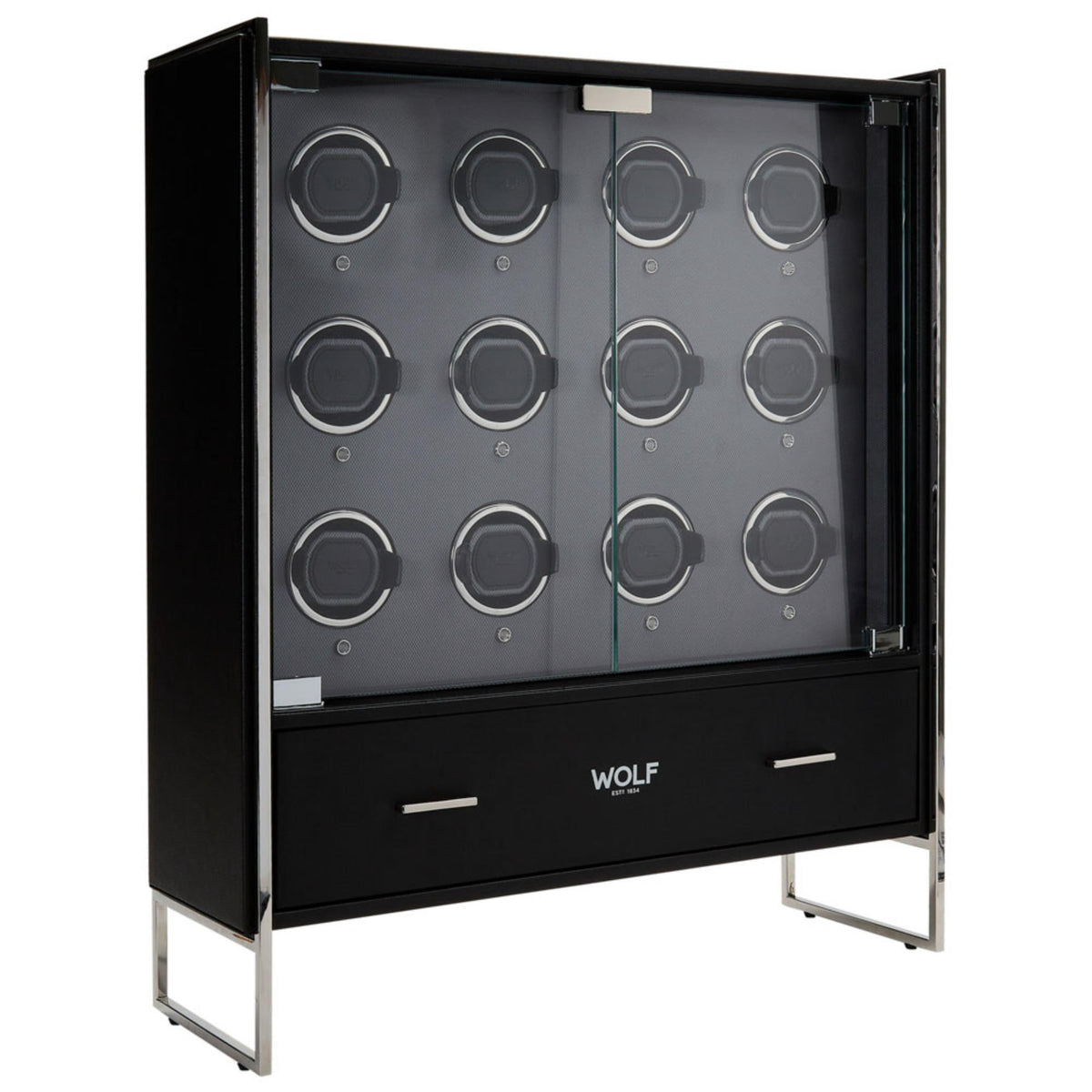 Black watch winder cabinet with 12 circular watch holders behind clear front panel