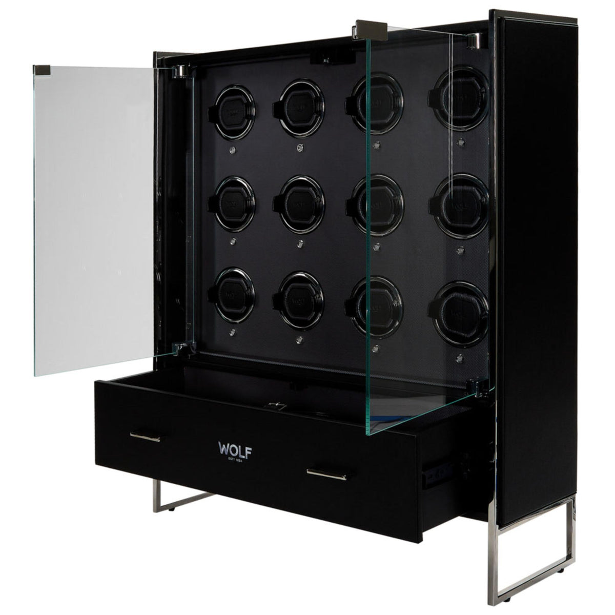 Watch winder cabinet with clear side door open, showing 12 black circular winder units