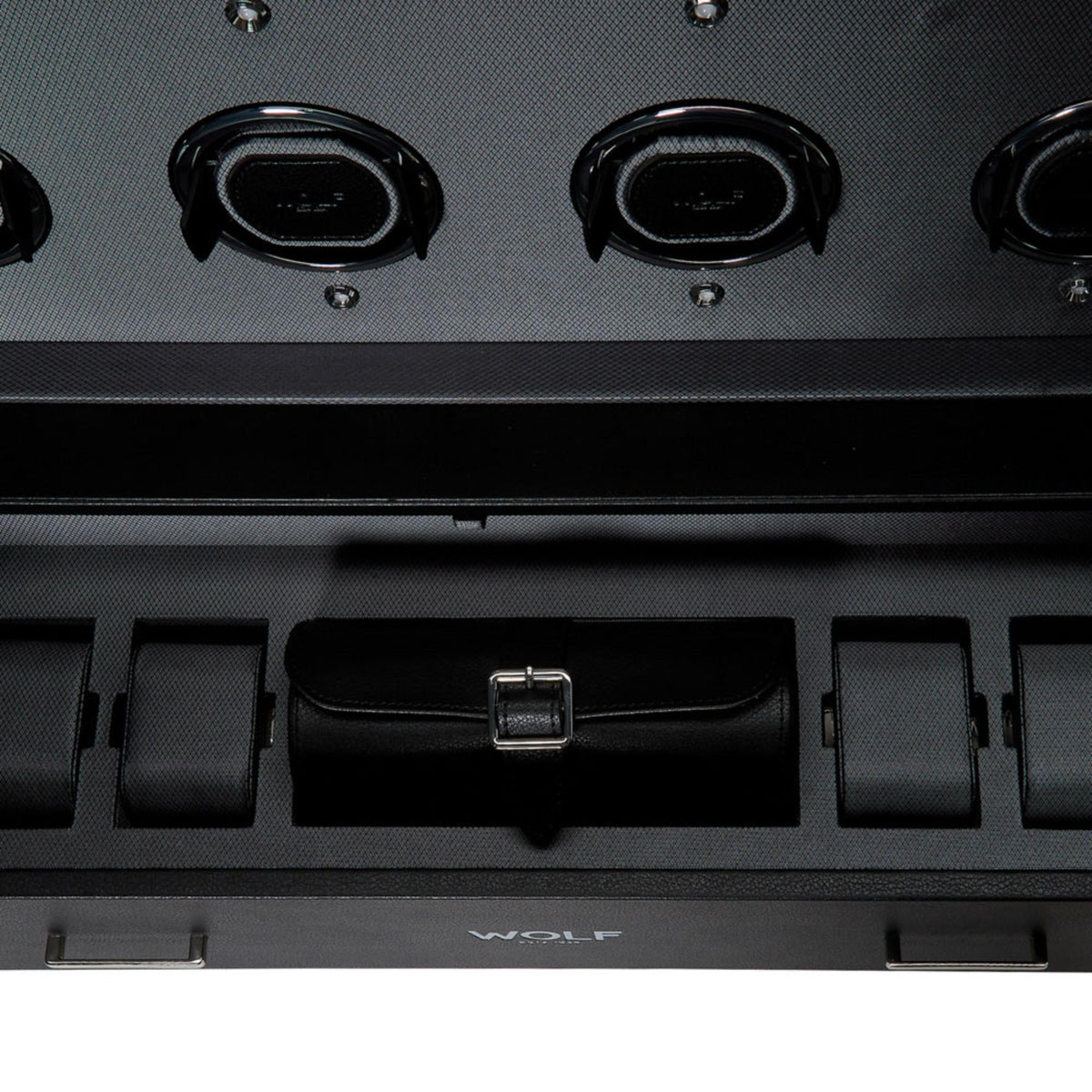 Close-up of black watch winder base with padded holder and WOLF branding