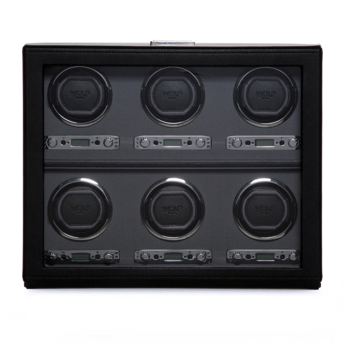 Black watch winder front view showing six round watch compartments and control panels