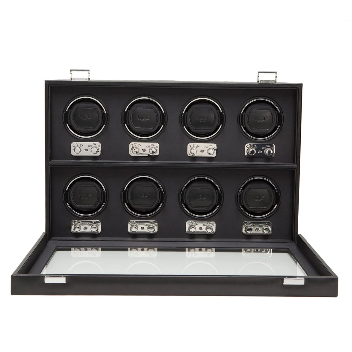 Open black 8-watch winder case showing eight cradles, control panels, and lid support