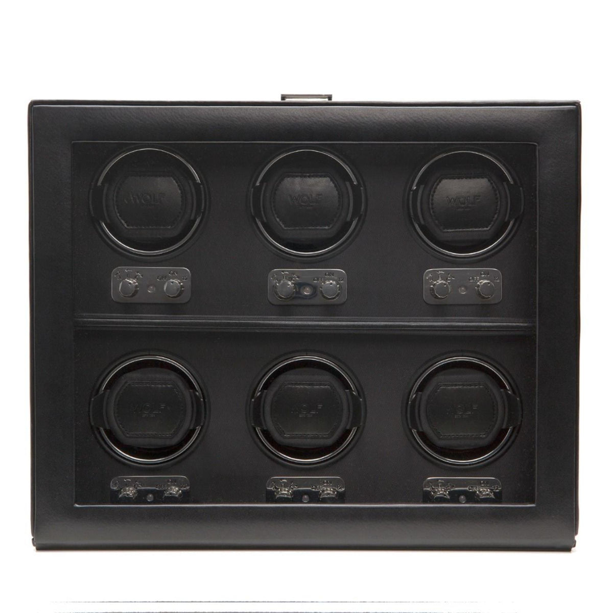 Black 6-watch winder with six circular winding cups and three control panels