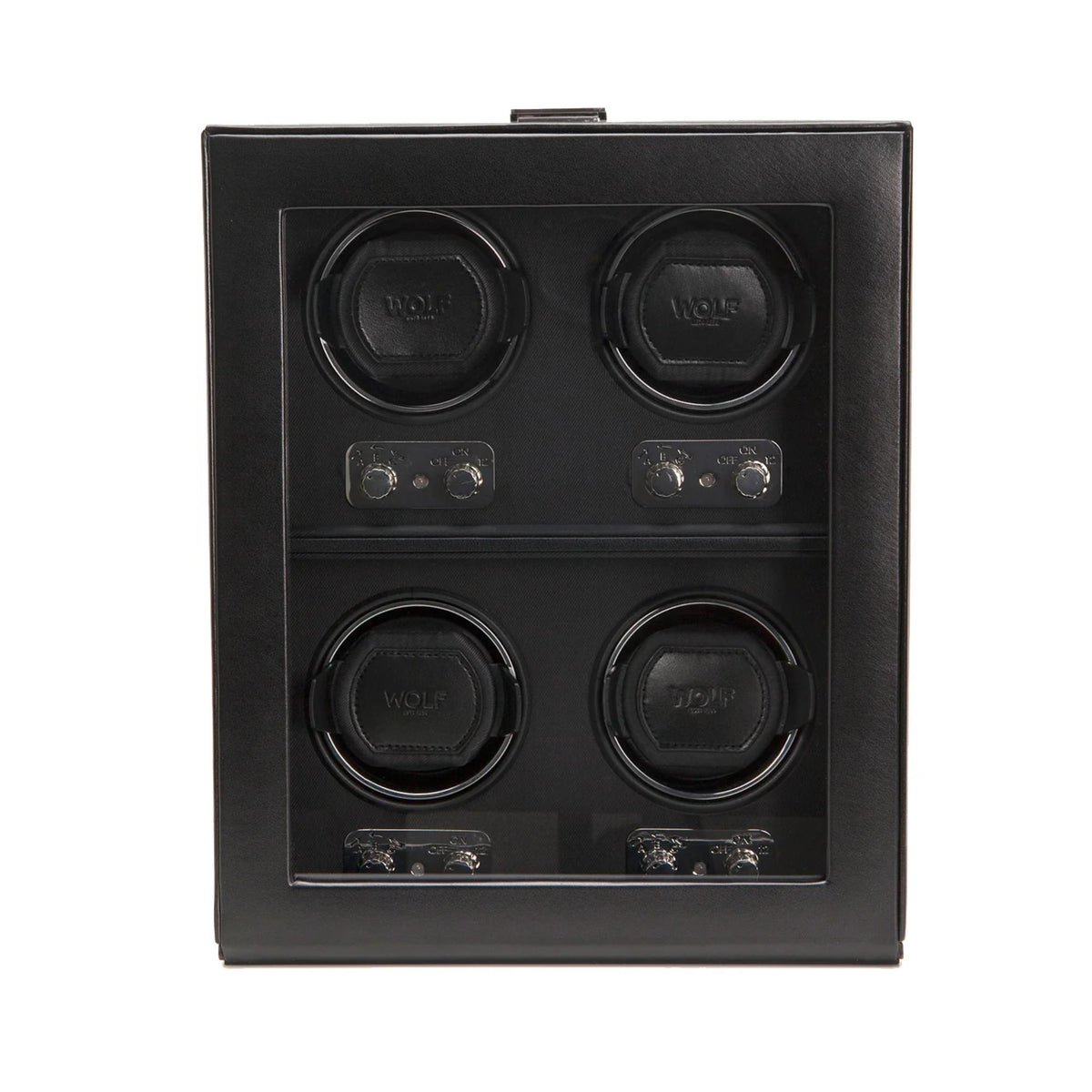 Wolf Heritage 4-piece watch winder with four round rotating cradles, black case