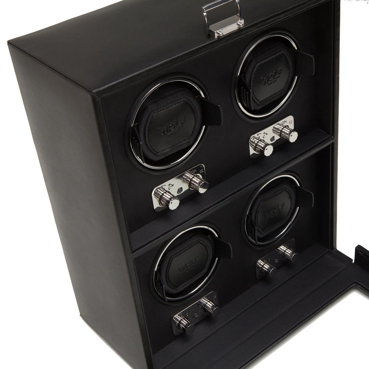 Wolf Heritage 4-piece watch winder open, four watch winders with metal settings