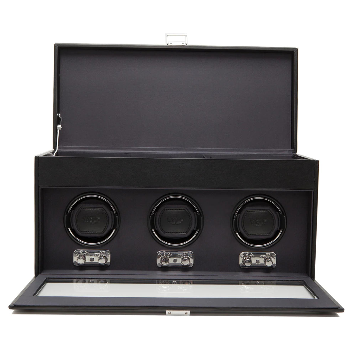 Black triple watch winder with lid open, three circular winders and front controls.