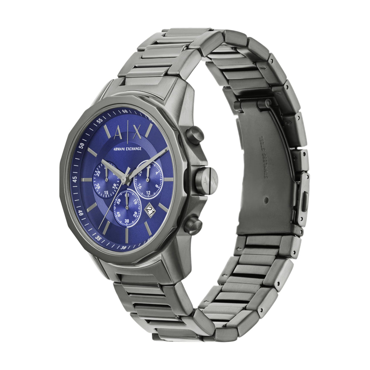 Armani Exchange Banks AX1731 three-quarter view displaying round case profile and steel bracelet links