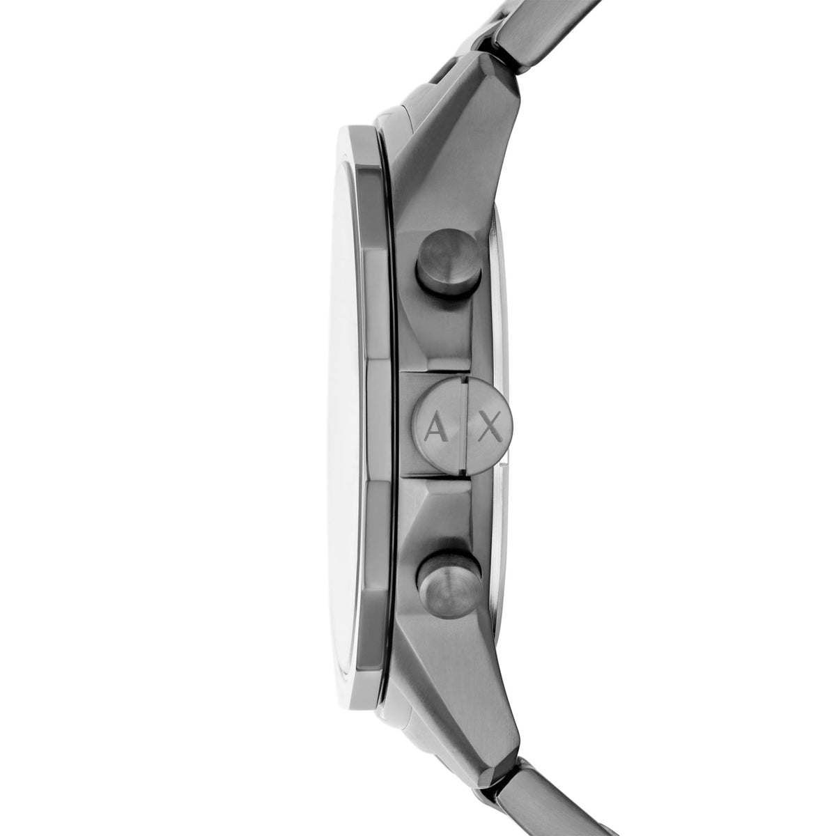 Armani Exchange Banks AX1731 side profile view highlighting steel case construction, crown, and pushers