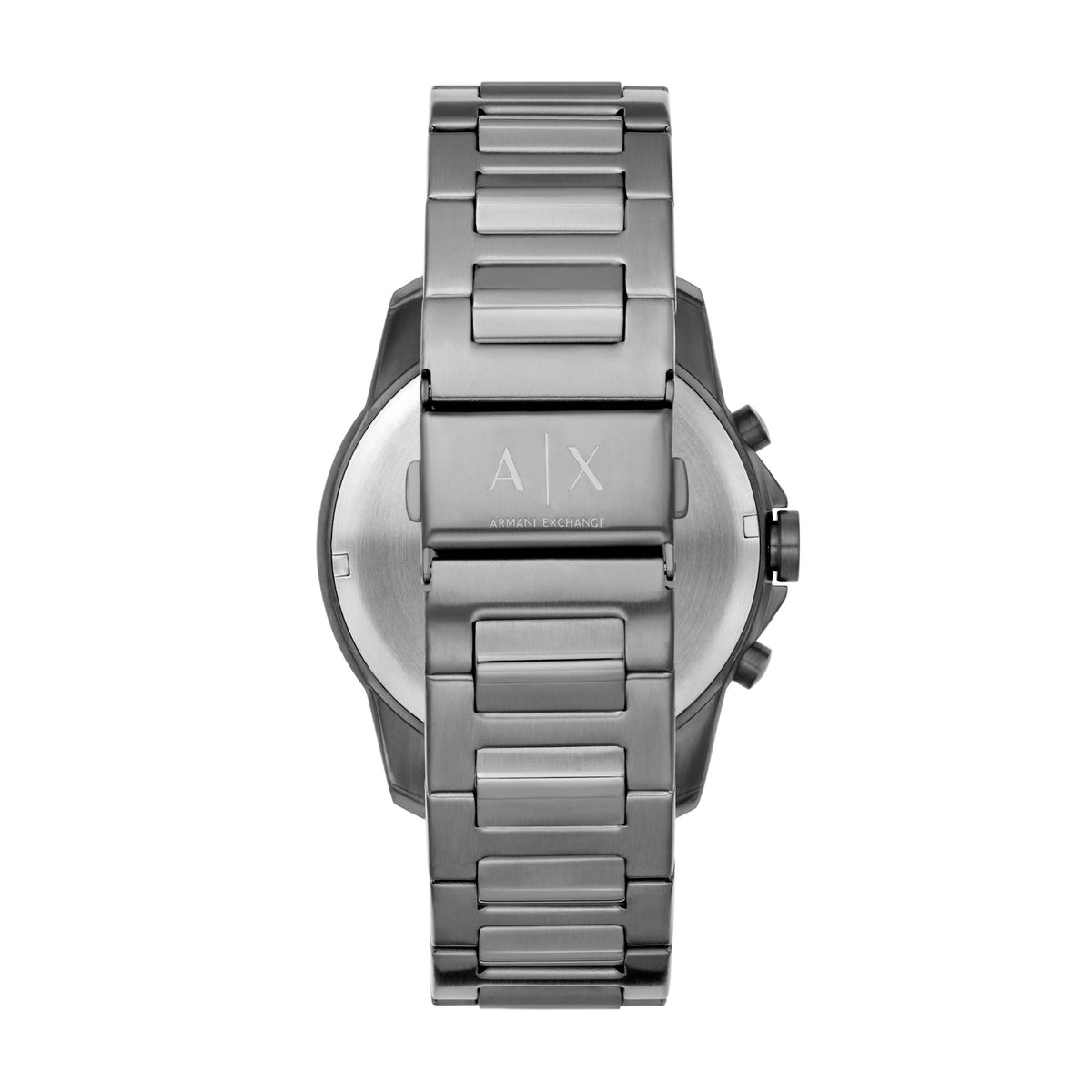 Armani Exchange Banks AX1731 back view showing steel bracelet clasp engraved with brand logo