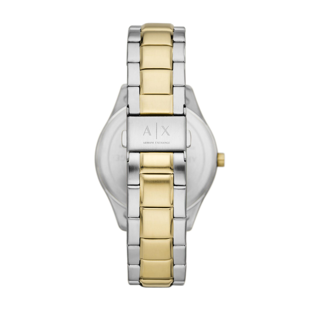 Armani Exchange Dante AX1865 rear view showing steel bracelet with engraved logo foldover clasp