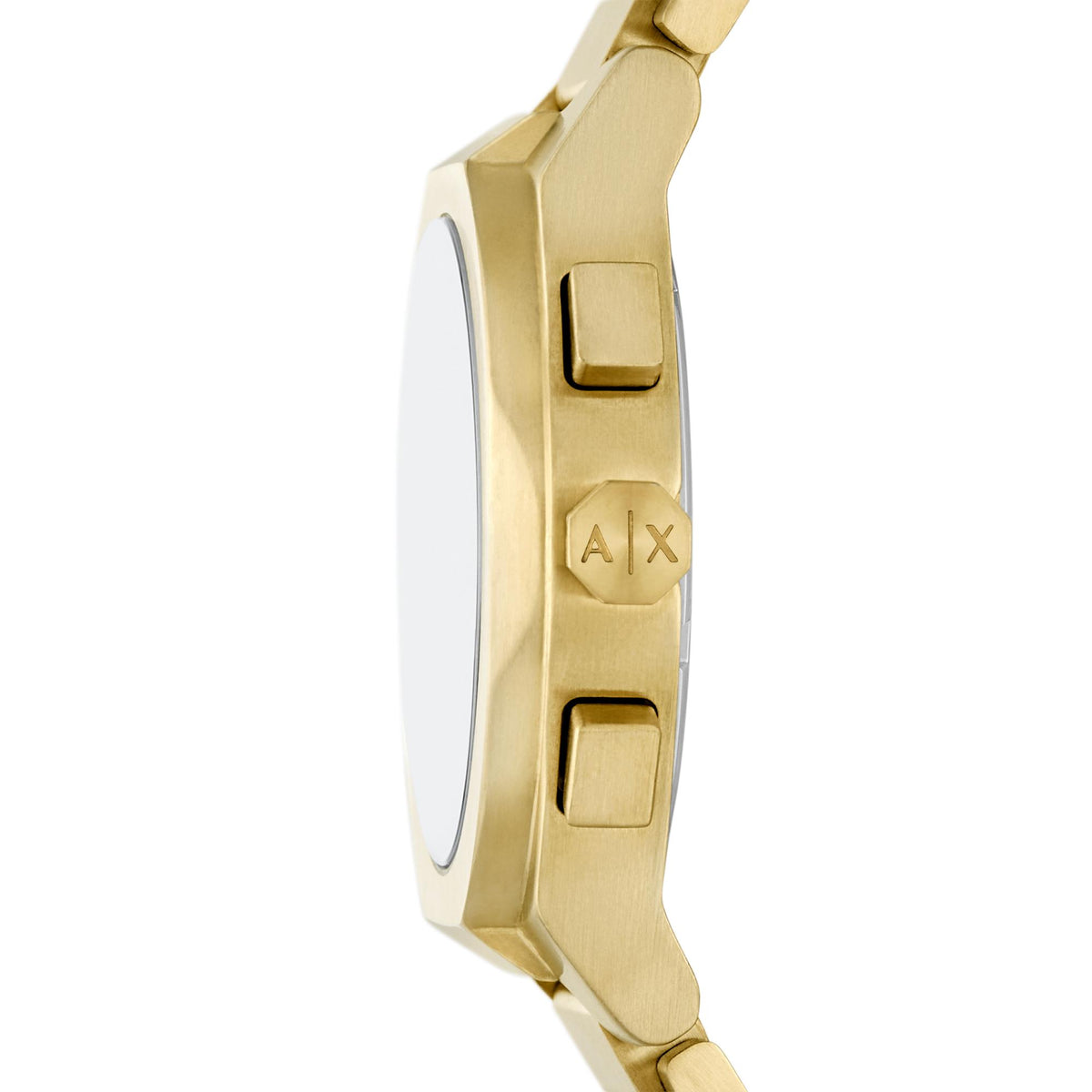 Armani Exchange Sync AX4180 side profile view highlighting steel case construction, crown, and pushers