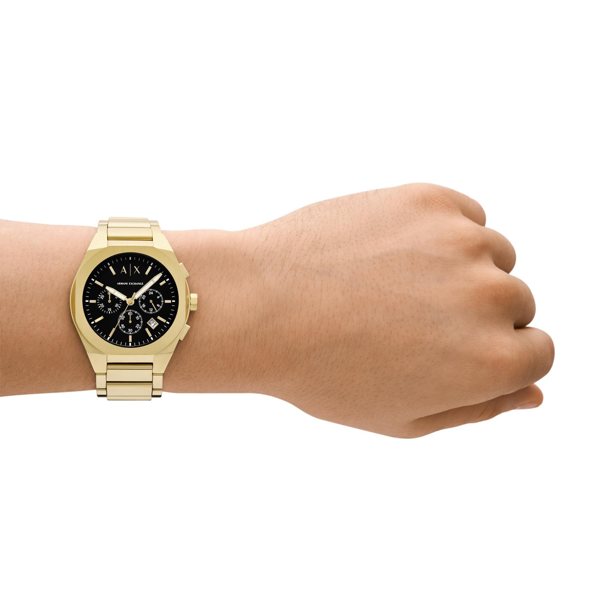 Armani Exchange Sync AX4180 lifestyle wrist shot featuring mens black dial watch with a steel bracelet