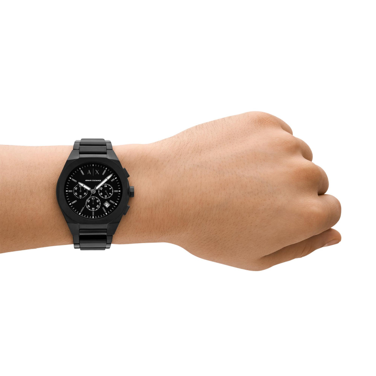 Armani Exchange Sync AX4183 lifestyle wrist shot featuring mens black dial watch with a matching steel bracelet
