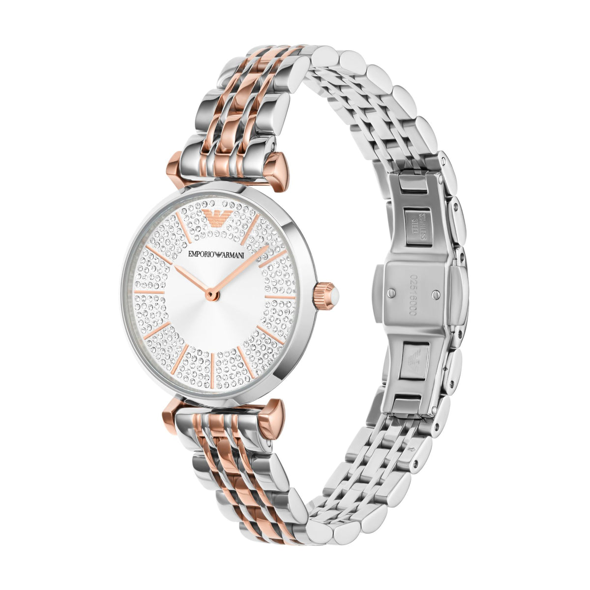 Emporio Armani Gianni T-Bar AR11537 three-quarter angle view detailing T-bar lugs and crystal dial layout