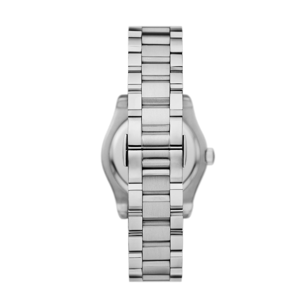 Steel ladies quartz watch side view with crown and linked metal bracelet