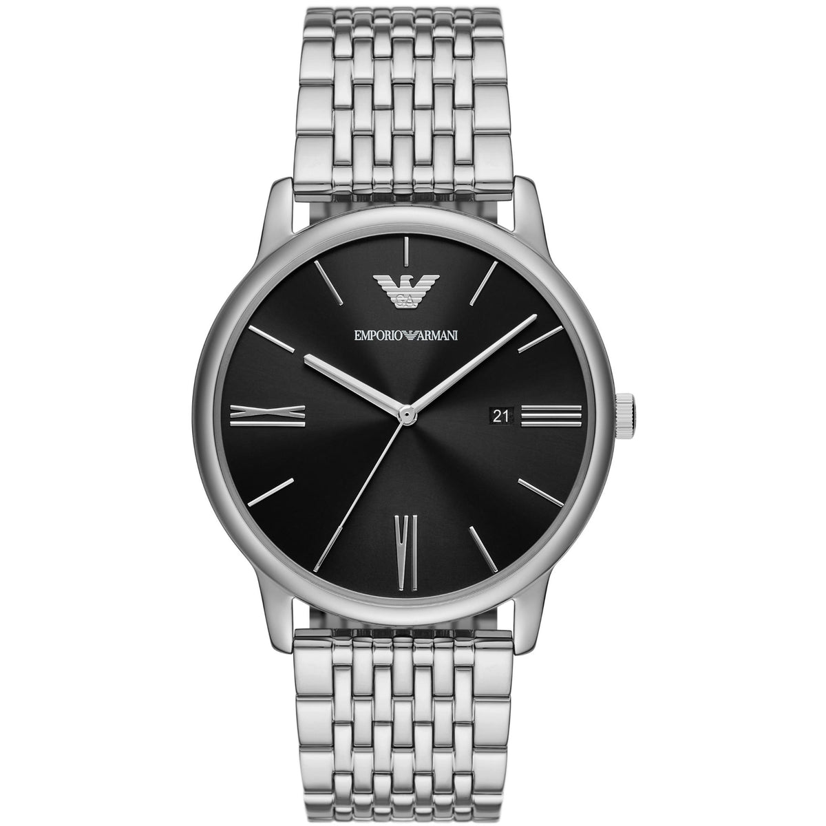 Men's stainless steel quartz watch with black dial, Roman numerals, minimalist markers