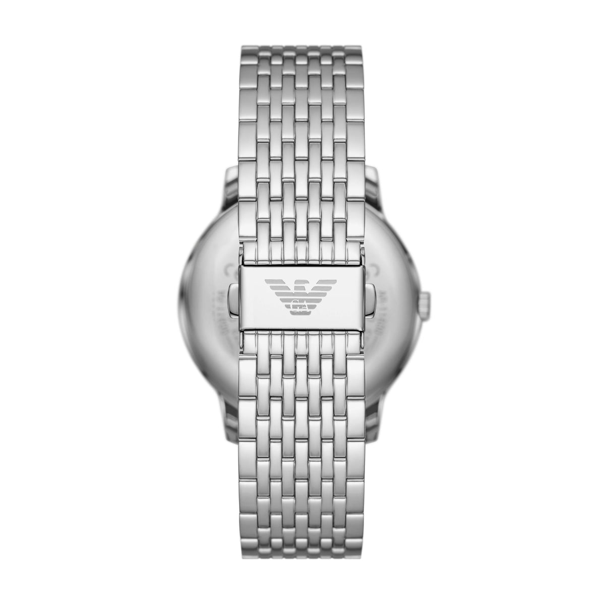 Stainless steel watch case back, linked bracelet and clasp with round crown, logo