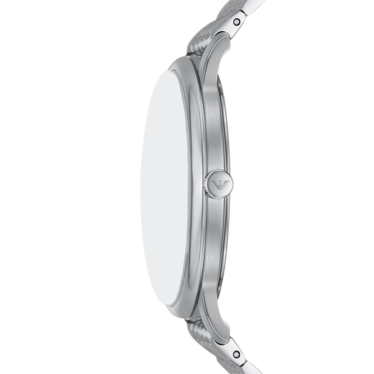 Stainless steel watch case side profile with crown and smooth polished finish
