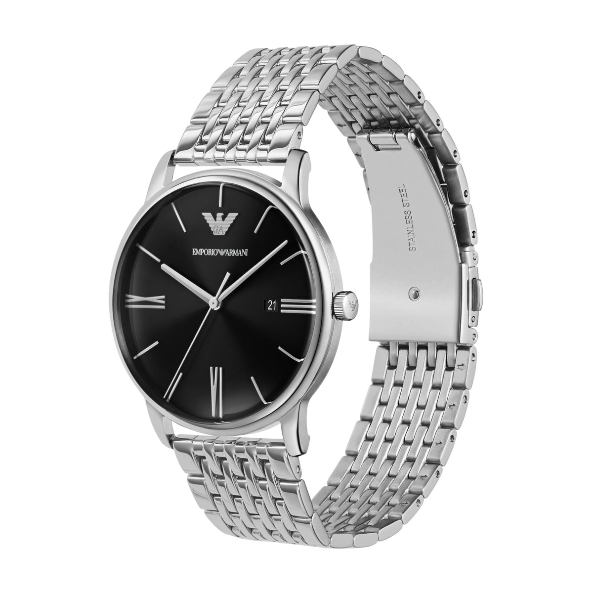 Men's stainless steel watch with black dial, Roman numerals, date window, mesh bracelet
