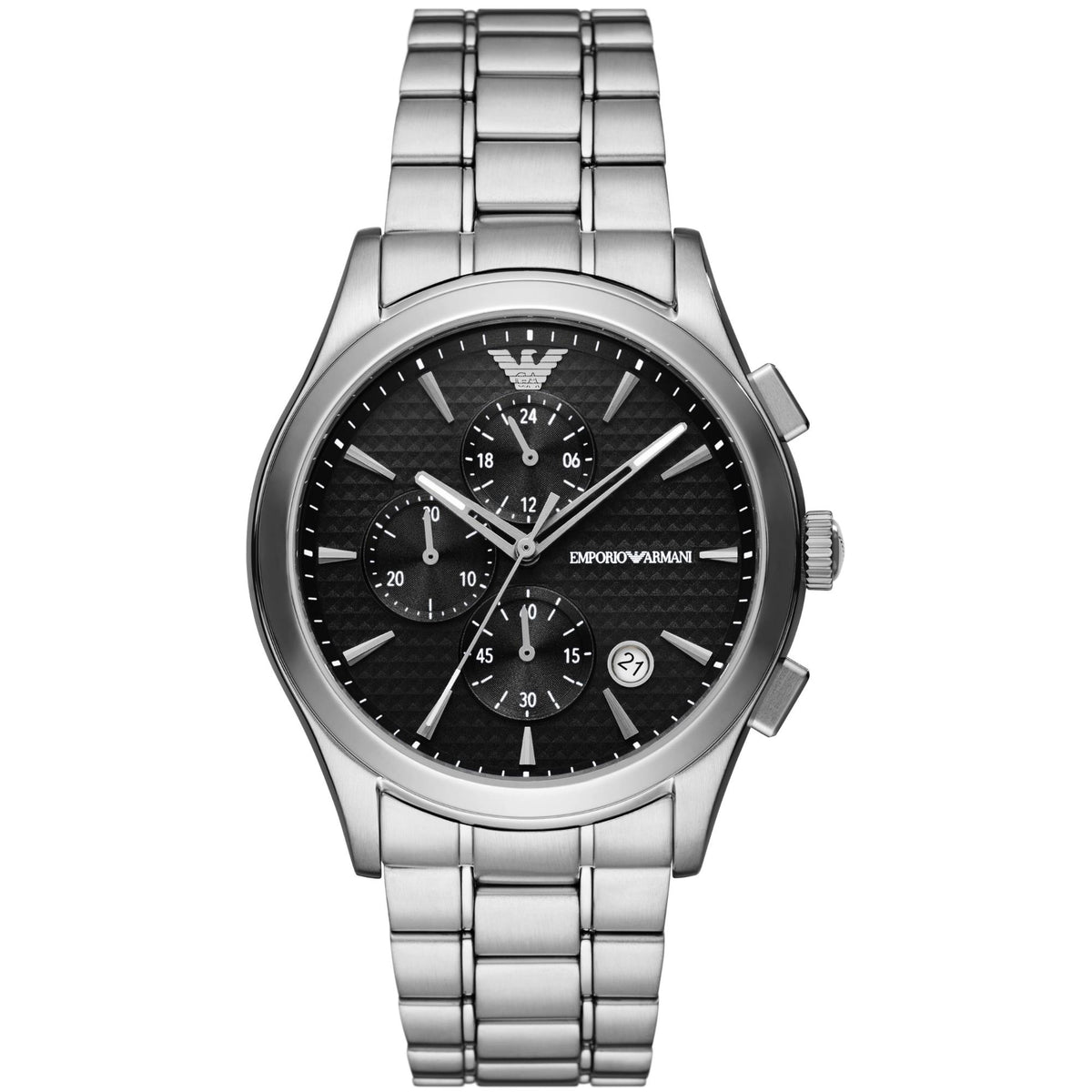 Men's steel chronograph watch with black dial, quartz hands and three sub-dials