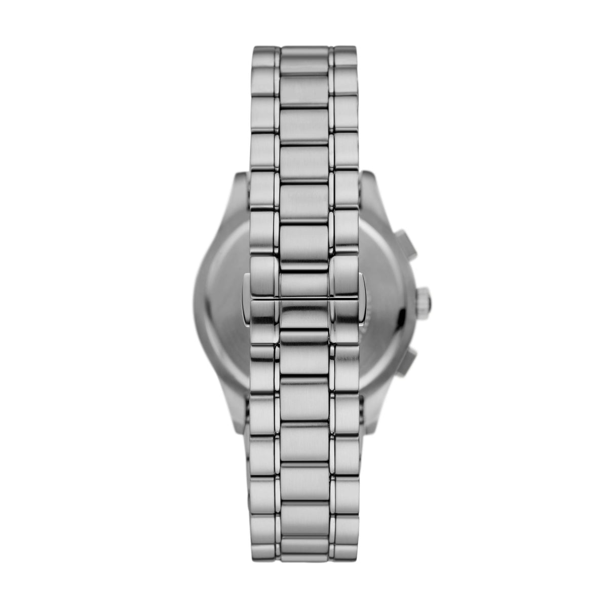Men's steel chronograph watch with linked metal bracelet, side view