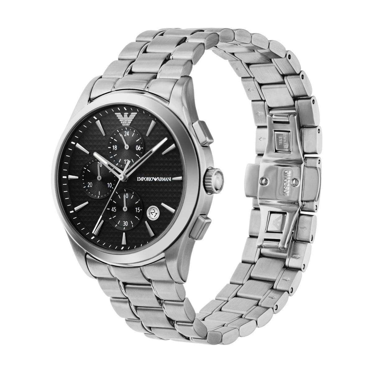 Men's steel chronograph watch with black dial, bezel markers, and three sub-dials
