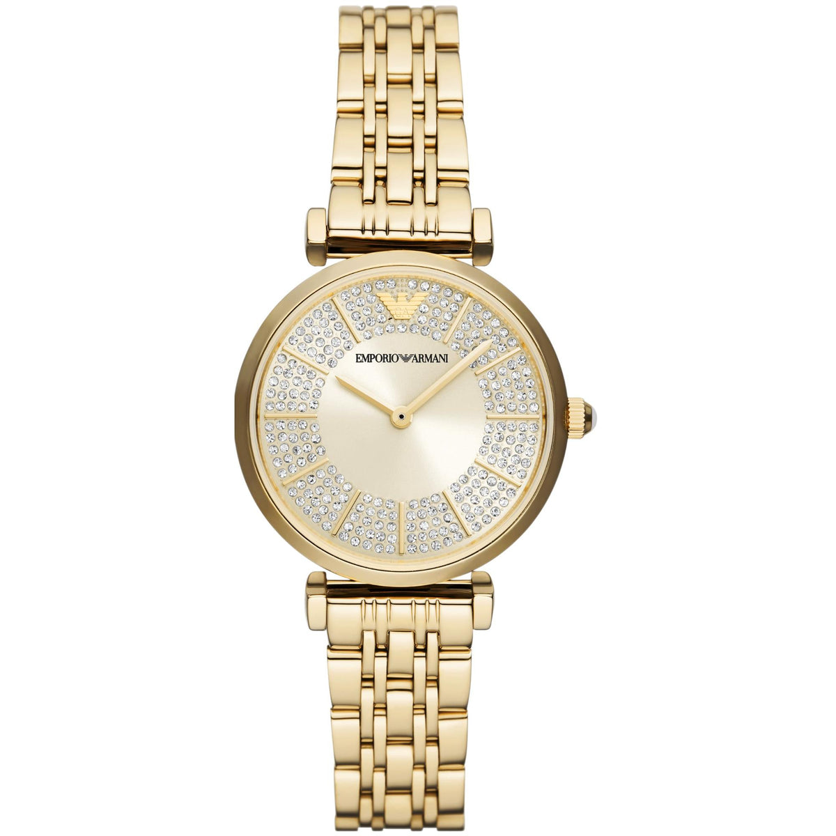 Emporio Armani ladies quartz watch with cream dial, gold-tone link bracelet and crystal bezel